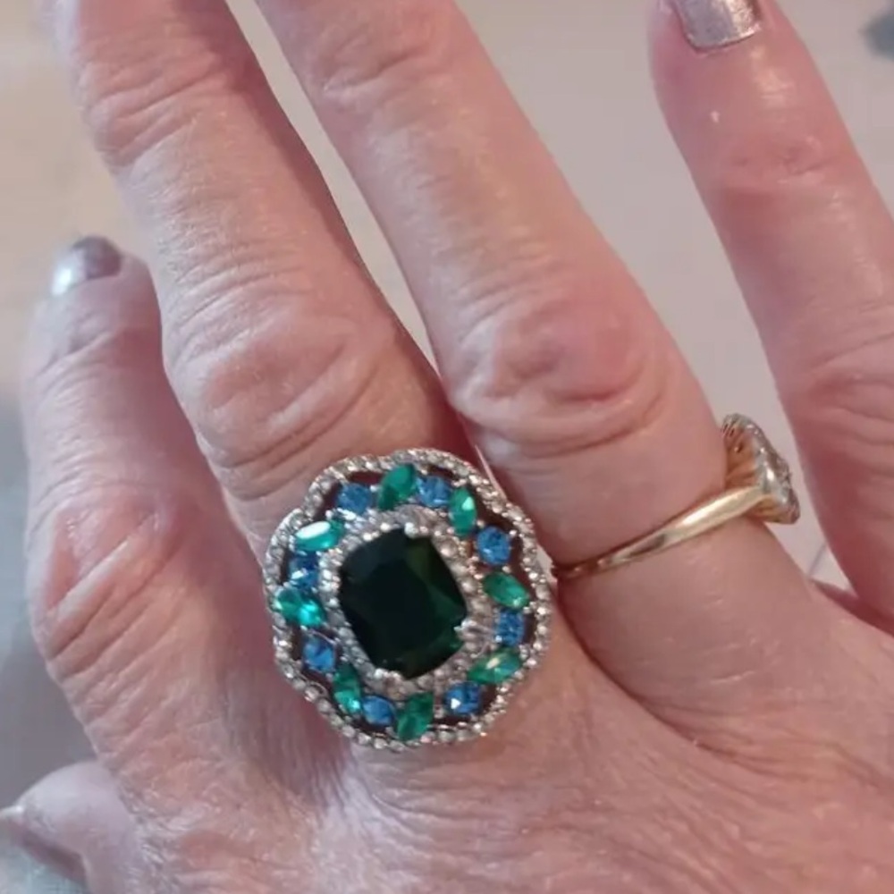 Moissanite Green and Blue Silver Statement Stone Ring - Size 7